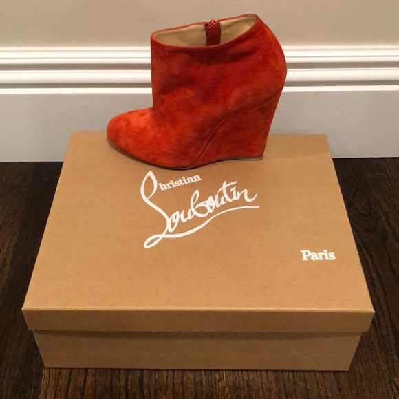 Christian Louboutin Shoes - Christian Louboutin Red/Orange Suede Wedge Bootie